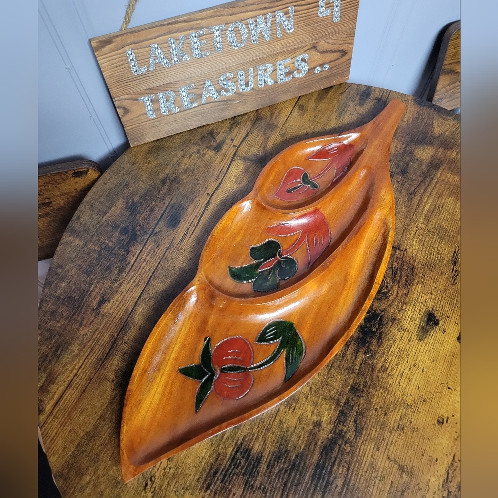 Vintage Handcrafted Wooden Leaf Platter with Cherry Design made in Hait
